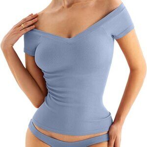 Women Off The Shoulder V Neck Seamless Top with Built in Bra Ribbed in Blue